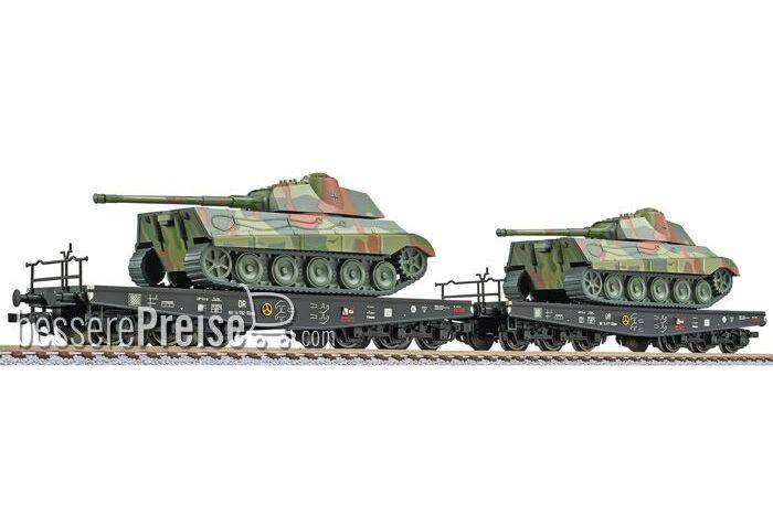 2-tlg. Set, Flachwagen 6-achsige Schwerlast-Transportwagen SSyms der DRB,beladen mit zwei Panzern in Tarnanstrich,