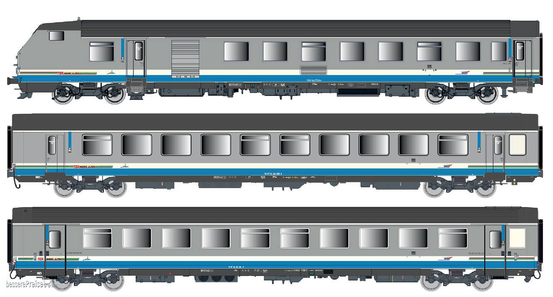 3er Set Personenwagen VU+VTU SNCF, Ep.V, TER RA, AC - Lemke