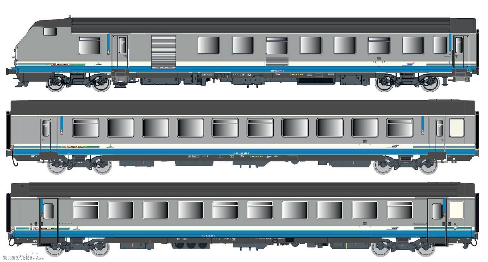 3er Set Personenwagen VU+VTU SNCF, Ep.V, TER Rhone-Alpes - Lemke