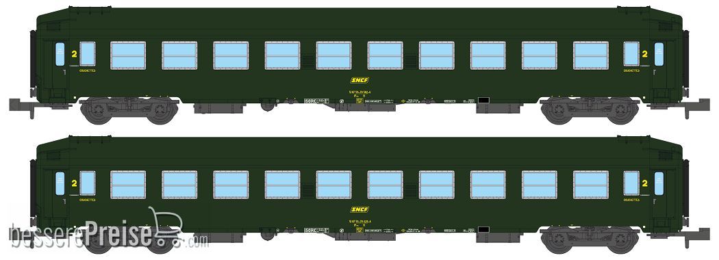 SET of 2 UIC SLEEPING CAR, High roof Green 301, Yellow framed logo Era IV