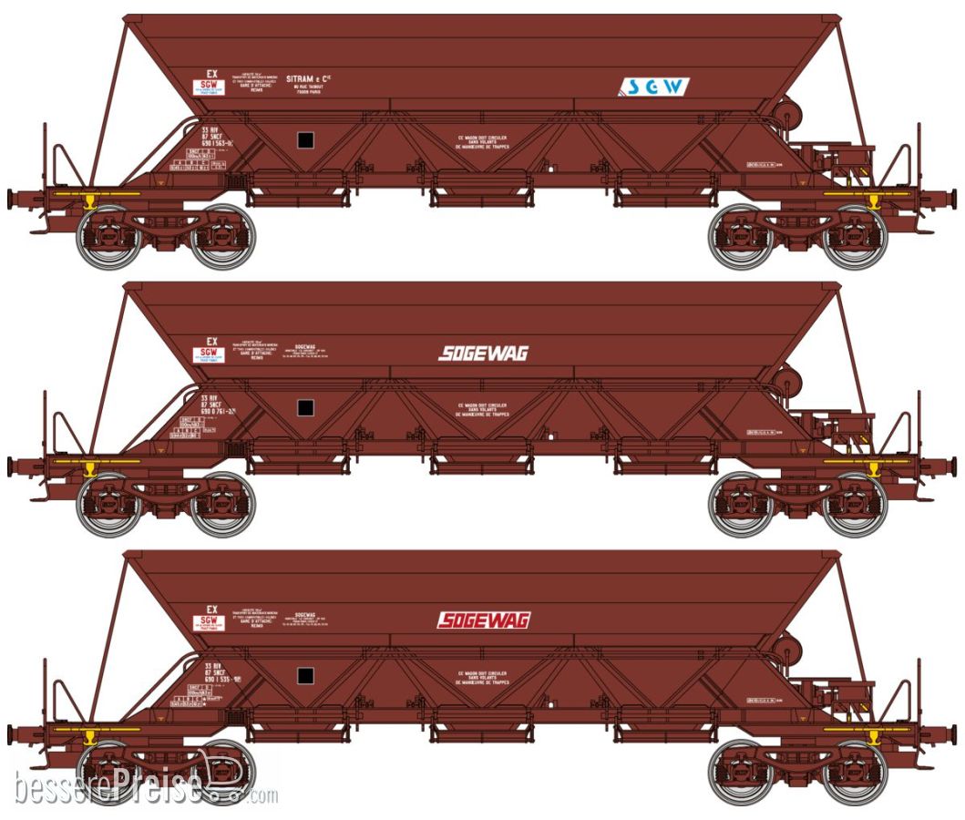 Set of 3 EX hoppers wagons SGW « SOGEWAG », SNCF Era V
