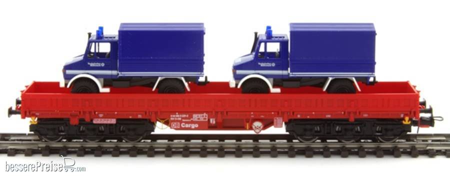 Güterwagen Samms-u 454 DB-Cargo in verkehrsrot mit 2 -THW Unimogs U 1300 L - DC-Gleichstrom