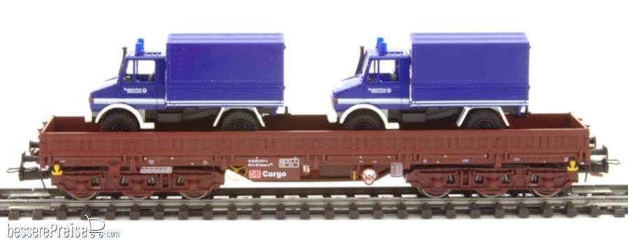 Güterwagen Samms-u 454 DB-Cargo in rotbraun mit 2 THW-Unimogs U 1300 L - AC-Wechselstrom