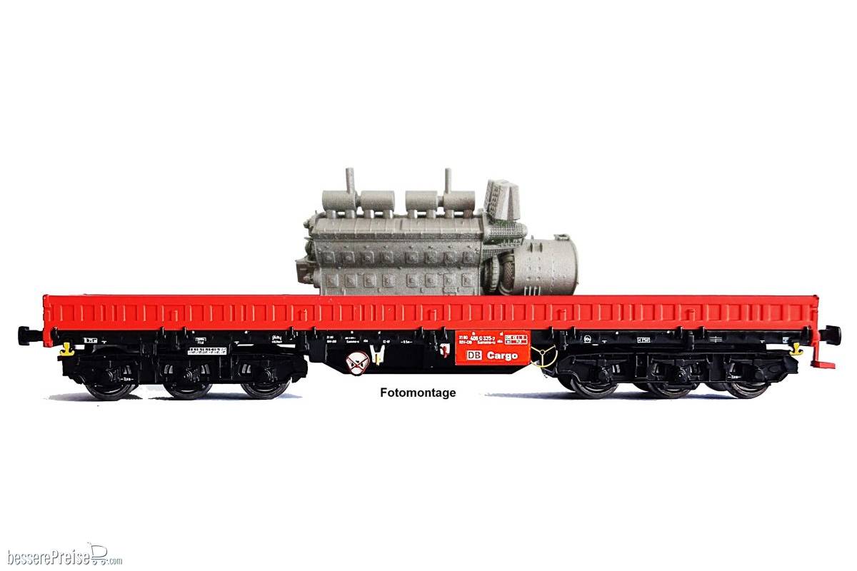 6-achsiger Schwerlastwagen Bauart Samms-u 454, DB AG (Ep V/VI) verkehrsrot-schwarz-schwarz, DB-Cargo, beladen mit Lokdieselmotor EMD 567B
