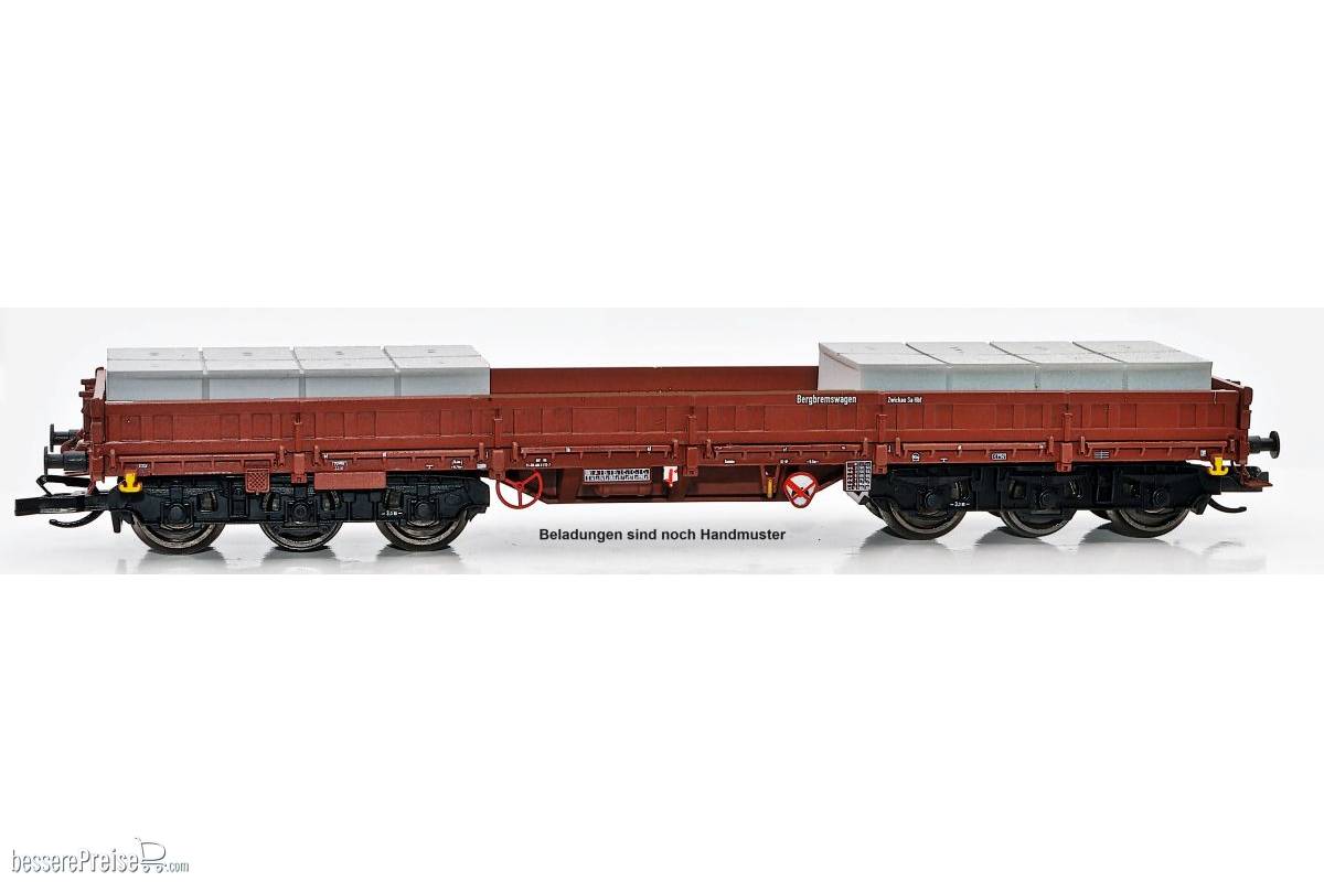 6-achsiger Schwerlastwagen der Bauart Samms 4860, DR (Ep V) Bergbremswagen Zwickau, braun-braun-schwarz, beladen mit Balastgewichten