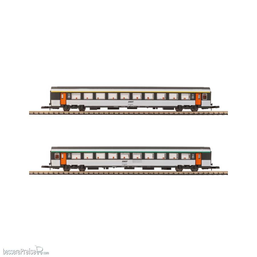 Set mit 2 CORAIL SNCF-Personenwagen in grauer, oranger und weißer Originallackierung