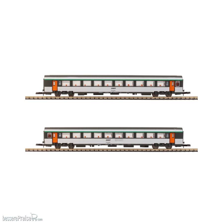 Set mit 2 CORAIL SNCF-Personenwagen in grauer, oranger und weißer Originallackierung