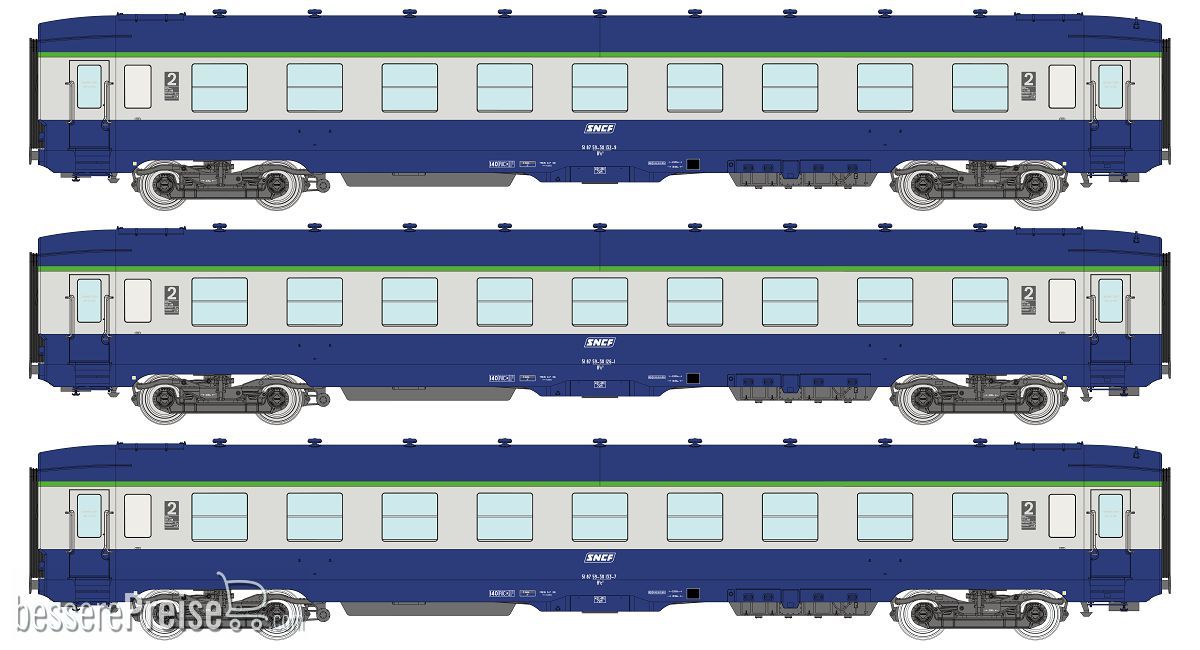 SET of 3 U52 DEV AO Sleeping Cars B9c9, Blue/Grey, boxed SNCF logo Era IV-V