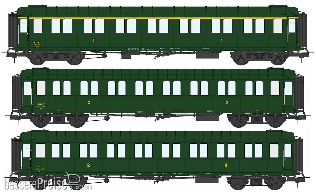Set of 3 Metallic Cars Ex-PLM, A7 N°5439, B8 N°54515 & 54512, Green 306, SNCF Era III B