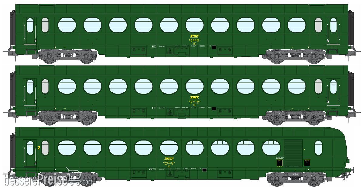 Set of 3 ETAT Cars B10, B10 and B5d, green 301, SNCF Period IV
