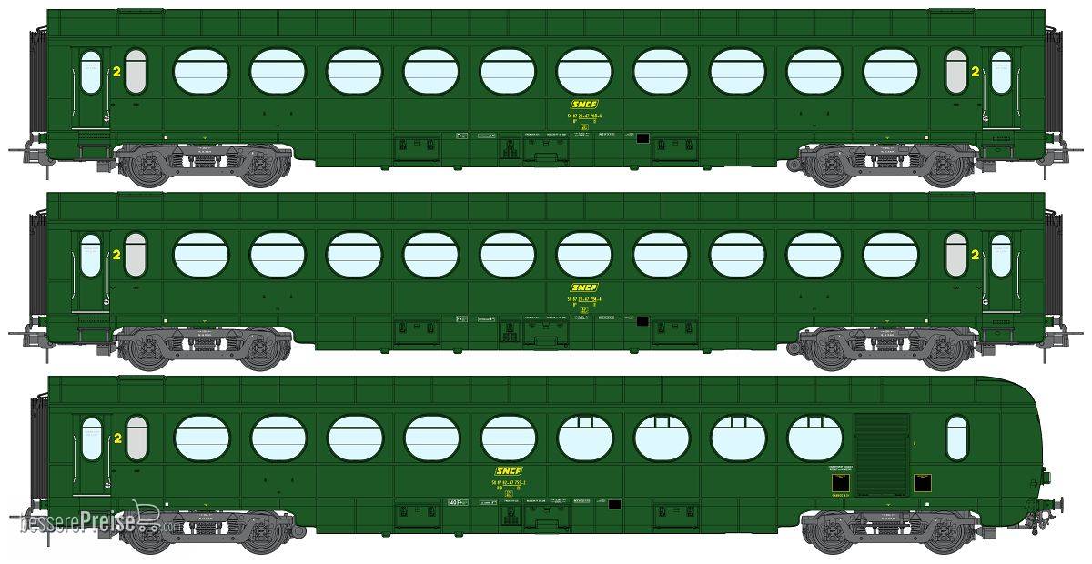 SNCF Set 3-teilig Leichtstahlwagen grün301 Ep.IV, B10, B10, B5d - mit Innenbeleuchtung