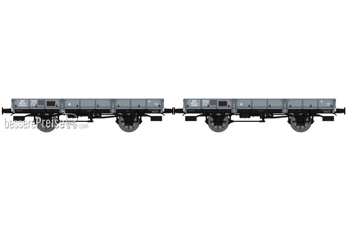 SET of 2 OCEM 29 FLAT Wagon Grey MIDI NNTouw 65624 et NNTouw 65198 Frein à levier, Spoked wheels Era II