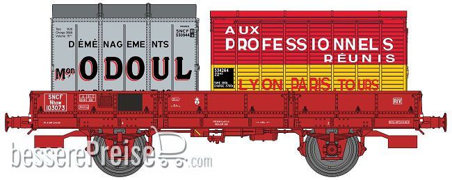 OCEM 29 FLAT Wagon Red SNCF Nhow 103073 Braked, Plain wheels Era III B + 2 Containers “ODOUL” et “AUX PROFESSIONNELS REUNIS”