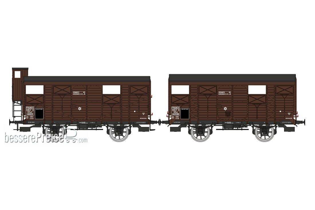 Set of 2 PLM 20 T Closed Wagon brown, N° KKwf 144931 with brakesman home et N° KKw 142096 with Z body reinforcements, SNCF Era III A