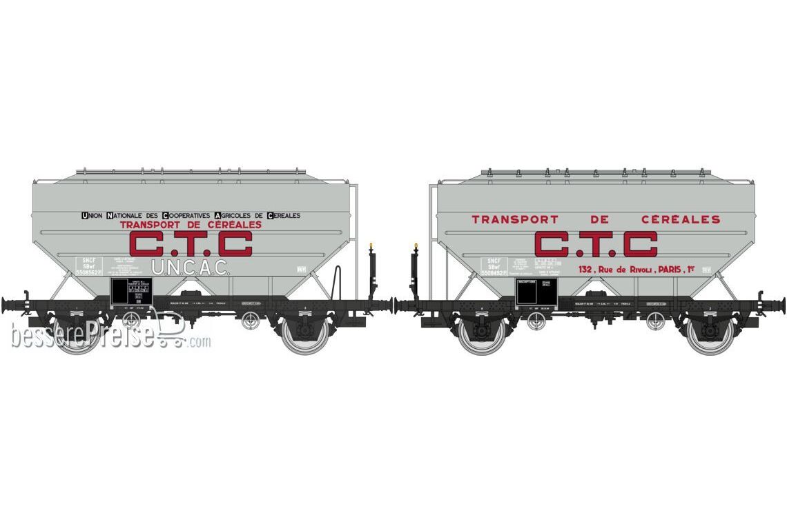 Set of 2 Grain wagons CTC & CTC UNAC, grey, black frame, Era III