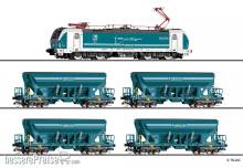 Tillig 01094 - Güterzugset Sandtransport der Enercon GmbH, bestehend aus einer Elektrolokomotive BR 193 und vier Selbstentladewagen Faccns, Ep. VI