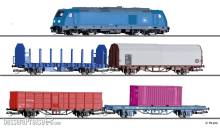 Tillig 01507 - Einsteiger-Set: Internationaler Güterzug, bestehend aus Diesellokomotive „TRAXX“, je einem Rungenwagen Laps, Haubenwagen Kils, offenen Güterwagen Fbs und Containertragwagen Lgs