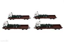Heris 11599-A - 4-SET, 4-achsiger Niederbordwagen SNCB, braun, beladen mit LKW-Chassis und Fahrerkabine mit Aufdruck Clausthaler Bierwagen, MB, einmalige Auflage, Ep.IV/V