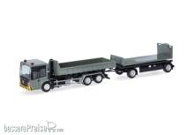 Herpa 321549 - Mercedes-Benz Econic Wechsellader-Hängerzug mit flacher Mulde und Flat, grau-gelb