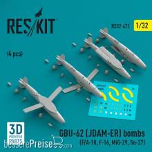 ResKit Models RS32-0472 - GBU-62 (JDAM-ER) bombs (4 pcs) (F/A-18, F-16, MiG-29, Su-27) (3D Printed)