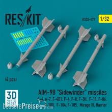 ResKit Models RS32-0477 - AIM-9B Sidewinder missiles (4 pcs) (A-4, A-7, F-4D1, F-4, F-8, F-3H, F-11, F-86,F-100, F-104, F-105, Mirage III, Harrier) (3D Printed)