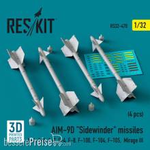 ResKit Models RS32-0478 - AIM-9D Sidewinder missiles (4 pcs) (A-4, A-6, A-7, F-4, F-8, F-100, F-104, F-105, Mirage III) (3D Printed)