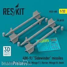 ResKit Models RS32-0480 - AIM-9J Sidewinder missiles (4 pcs) (F-4, F-5, F-16, F-15, F-14, Mirage F.1, Harrier, Mirage III, Hawk) (3D Printed)