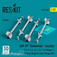 ResKit Models RS32-0483 - AIM-9P Sidewinder missiles (4 pcs) (F-4, F-5, F-16, F-15, F-14, Mirage F.1, Harrier, Mirage III, Hawk, Mirage 2000) (3D Printed)