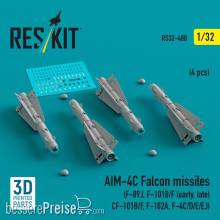 ResKit Models RS32-0488 - AIM-4C Falcon missiles (4 pcs) (F-89J, F-101B/F (early, late), CF-101B/F, F-102A, F-4C/D/E/EJ) (3D Printed)