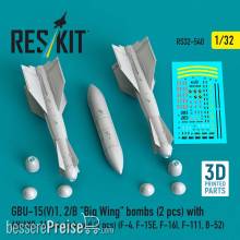 ResKit Models RS32-0540 - GBU-15(V)1, 2/B Big Wing bombs (2 pcs) with AN/AXQ-14 data link pod (1 pcs) (F-4, F-15E, F-16I, F-111, B-52) (3D Printed)