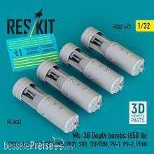 ResKit Models RS32-0572 - Mk-38 Depth bombs (650 lb) (4 pcs) (PB4Y-1, PB4Y-2, PBY/PBN, PB2Y, SBD, TBF/TBM, PV-1, PV-2, PBM) (3D Printed)