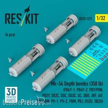 ResKit Models RS32-0573 - Mk-54 Depth bombs (350 lb) (4 pcs) (PB4Y-1, PB4Y-2, PBY/PBN, PB2Y, SB2C, SOC, SO3C, SC, SBD, JRF, J4F, TBF/TBM, PV-1, PV-2, PBM, PBJ, OS2U, SB2U) (3D Printed)