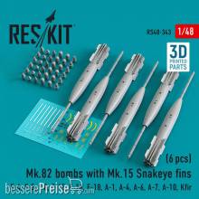 ResKit Models RS48-0343 - Mk.82 bombs with Mk.15 Snakeye fins (6 pcs) (F-4, F-5, F-8, F-15, F-16, F-18, A-1, A-4, A-6, A-7, A-10, Kfir) (3D Printed)