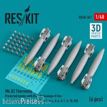 ResKit Models RS48-0347 - Mk.82 thermally protected bombs with BSU-86 Snakeye II fins (6 pcs) (F-4, F-5, F-8, F-15, F-16, F-18, A-1, A-4, A-6, A-7, A-10, Kfir) (3D Printed)