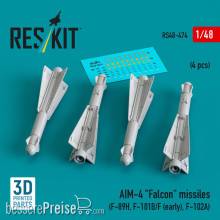 ResKit Models RS48-0474 - AIM-4 Falcon missiles (4 pcs) (F-89H, F-101B/F (early), F-102A) (3D Printed)