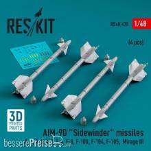 ResKit Models RS48-0478 - AIM-9D Sidewinder missiles (4 pcs) (A-4, A-6, A-7, F-4, F-8, F-100, F-104, F-105, Mirage III) (3D Printed)