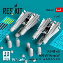 ResKit Models RS48-0519 - LAU-88 with (2 pcs) AGM-65 Maverick missiles (6 pcs) (A-7D, F-4, A-10, F-16) (3D Printed)