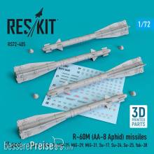 ResKit Models RS72-0405 - R-60? (AA-8 Aphid) missiles (4 pcs) (MiG-21,MiG-23,MiG-25, MiG-29,MiG-31,Su-17,Su-24,Su-25,Yak-38) (3D Printed)