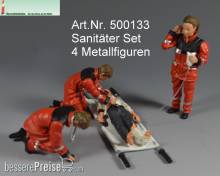 Prehm-Miniaturen 500133 - Medi-Set - zwei Sanitäter, Notarzt und verletzte Person auf Trage.