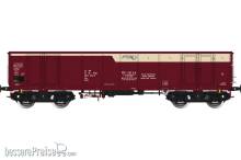 Albert Modell 597046 - Polnischer offener Güterwagen der PL-PTKR, Bauart Eas 3013, in brun/weißer Farbgebung mit schwarzen ORE-A-Drehgestellen und vier Türen, Ep.VI