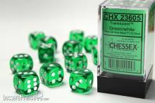 Chessex Würfel CHX23605 - Green w/white Translucent 16mm d6 with pips Dice Blocks (12 Dice)