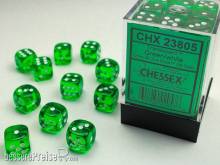 Chessex Würfel CHX23805 - Green w/white Translucent 12mm d6 with pips Dice Blocks (36 Dice)
