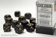 Chessex Würfel CHX25628 - Black w/gold Opaque 16mm d6 with pips Dice Blocks™ (12 Dice)