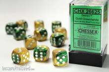 Chessex Würfel CHX26625 - Gold-Green w/white Gemini™ 16mm d6 with pips Dice Blocks™ (12 Dice)