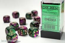 Chessex Würfel CHX26634 - Green-Purple w/gold Gemini™ 16mm d6 with pips Dice Blocks™ (12 Dice)