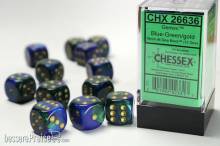 Chessex Würfel CHX26636 - Blue-Green w/gold Gemini™ 16mm d6 with pips Dice Blocks™ (12 Dice)