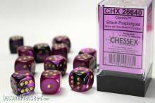 Chessex Würfel CHX26640 - Black-Purple w/gold Gemini™ 16mm d6 with pips Dice Blocks™ (12 Dice)