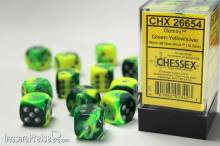 Chessex Würfel CHX26654 - Green-Yellow w/silver Gemini™ 16mm d6 with pips Dice Blocks™ (12 Dice)