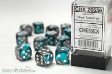Chessex Würfel CHX26656 - Steel-Teal w/white Gemini™ 16mm d6 with pips Dice Blocks™ (12 Dice)