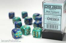 Chessex Würfel CHX26659 - Blue-Teal w/gold Gemini™ 16mm d6 with pips Dice Blocks™ (12 Dice)